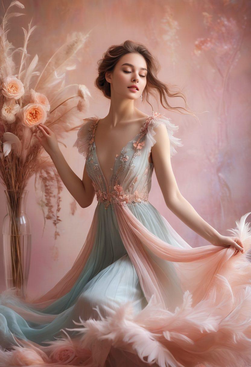 A captivating scene featuring a graceful model draped in a flowing dress that blends playful frolic with elegant seduction. Soft, diffused lighting highlights her expressive face, as she playfully interacts with whimsical props like feathers and flowers. The background is a dreamy blend of pastel colors, evoking an ethereal atmosphere. Capture the essence of beauty and allure through delicate details and vivid contrasts. super-realistic. vibrant colors. soft focus.