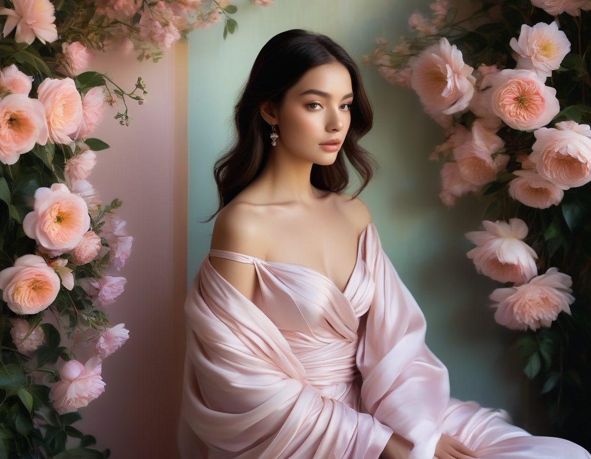A striking juxtaposition of innocence and allure featuring a delicate, ethereal figure in soft, flowing fabrics surrounded by dreamy, pastel flowers, intertwined with bold, provocative shadows and vibrant elements to represent the captivating world of photography. The scene should evoke both charm and intrigue, playing with light and contrast. super-realistic. vibrant colors. soft focus.
